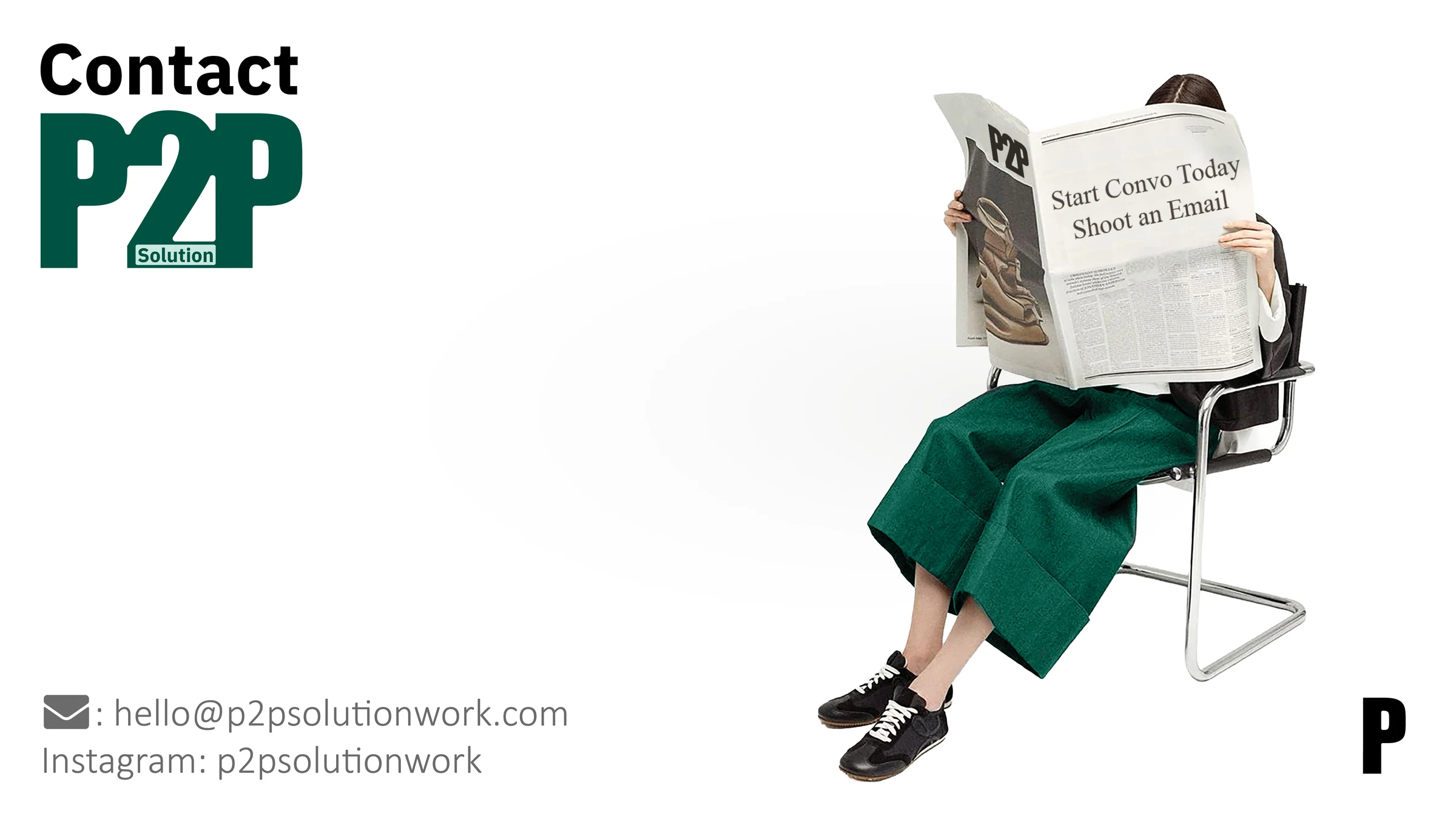 Contact P2P Solution — hello@p2psolutionwork.com, Instagram p2psolutionwork
